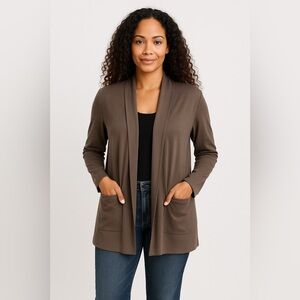 Eileen Fisher Open Front Long Cardigan Jacket Brown Taupe L